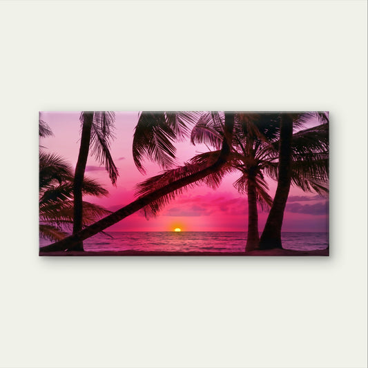 Tropical Pink Sunset Beach Palm Tree Wall Art Canvas Office Home Framed 120x60cm