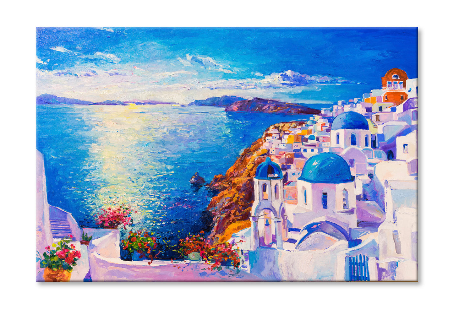 Blue Sea & Santorini White Houses Oil Painting Wall Art Limited Edition High Quality Print Stretched Canvas None