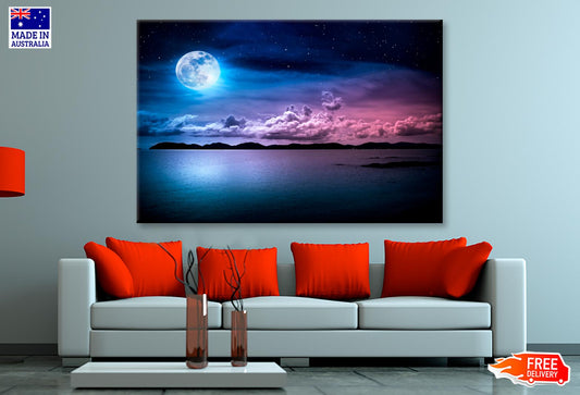 Landscape Of Sky with Full Moon on Seascape to Night Wall Art Decor 100% Australian Made