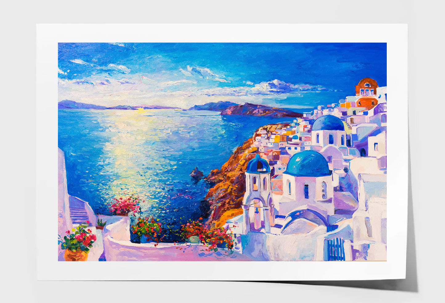 Blue Sea & Santorini White Houses Oil Painting Wall Art Limited Edition High Quality Print Unframed Roll Canvas None