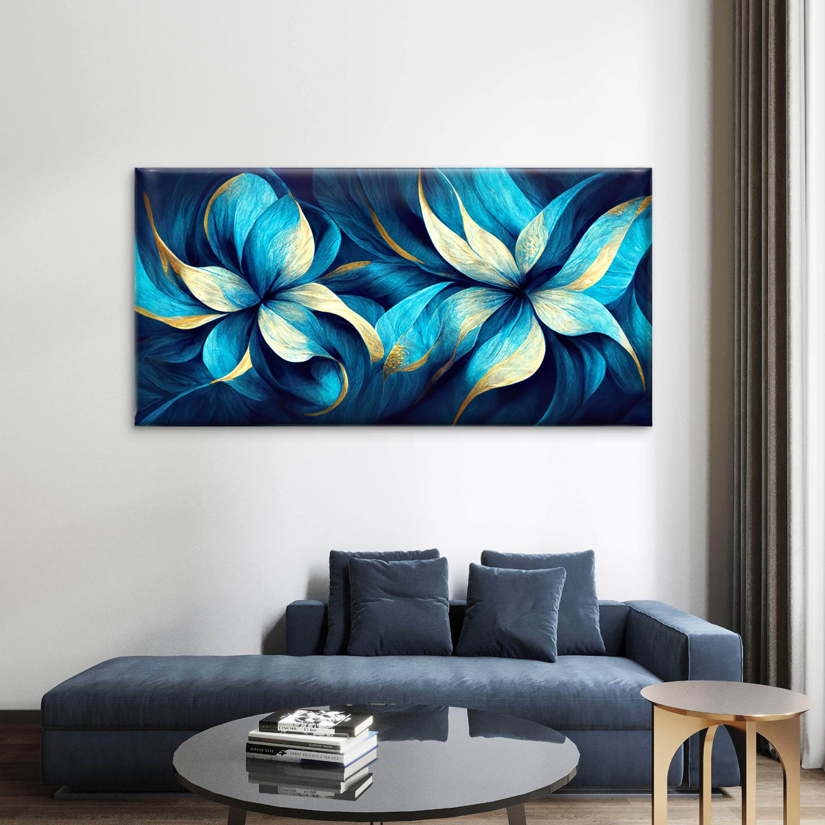 Luxury Teal Gold Floral Petals Wall Art Canvas Office Home Room Framed 120x60cm