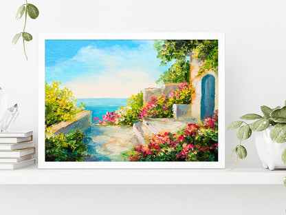 Colorful Flowers In House Garden & Near The Sea Glass Framed Wall Art, Ready to Hang Quality Print Without White Border White