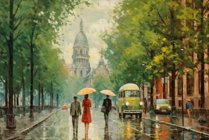 Painting Of People Walking Holding Umbrellas in the Rain in a City Print 100% Australian Made