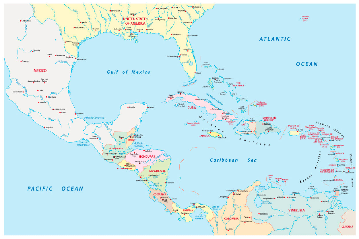 America Central, Antilles Map Home Decor Premium Quality Poster Print Choose Your Sizes