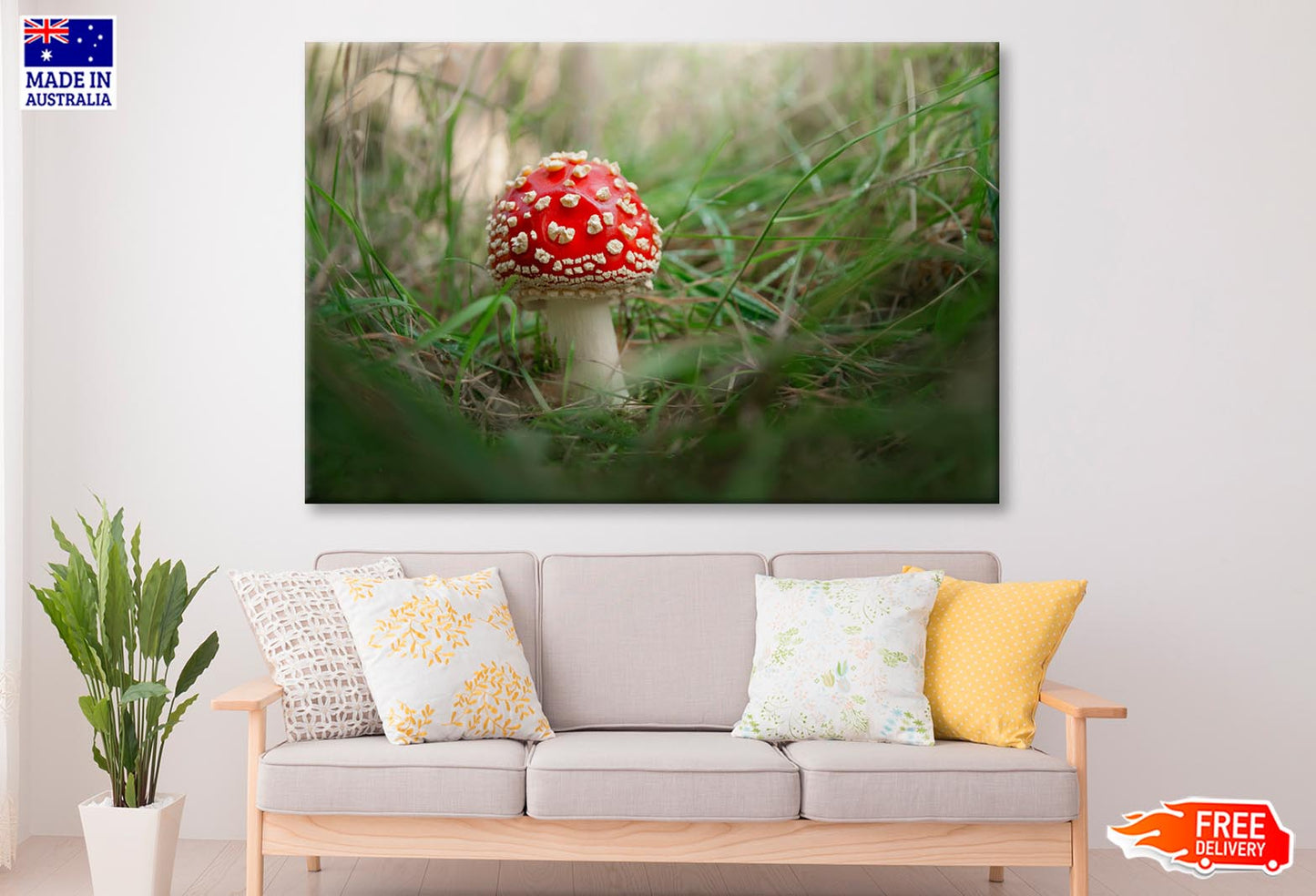 Amanita Muscaria. Close-Up Of Fly Agaric Close-Up Of Toadstool on Grass Wall Art Decor 100% Australian Made