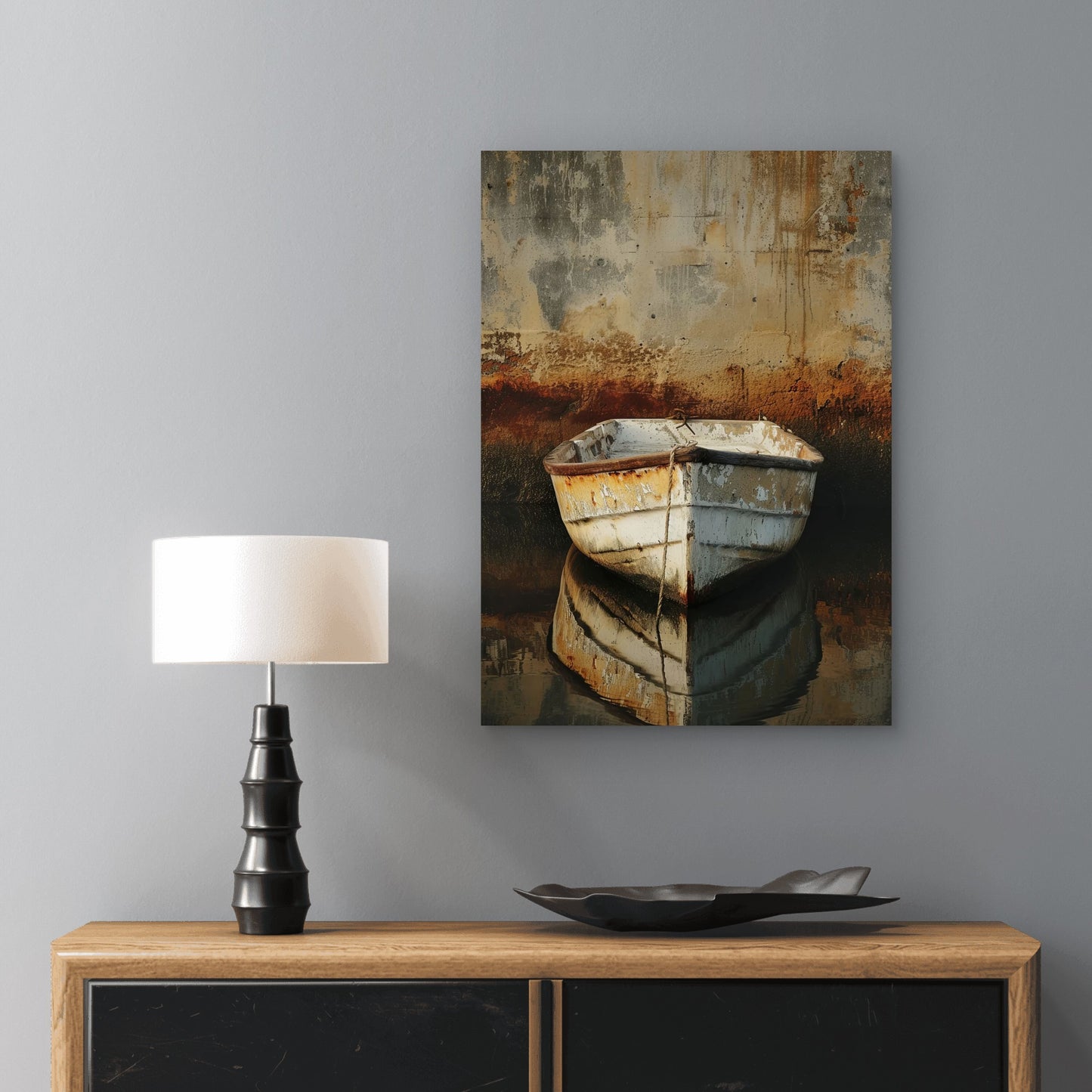 Rustic White Rowboat Reflection 60x90cm Metal Print Ready to Hang