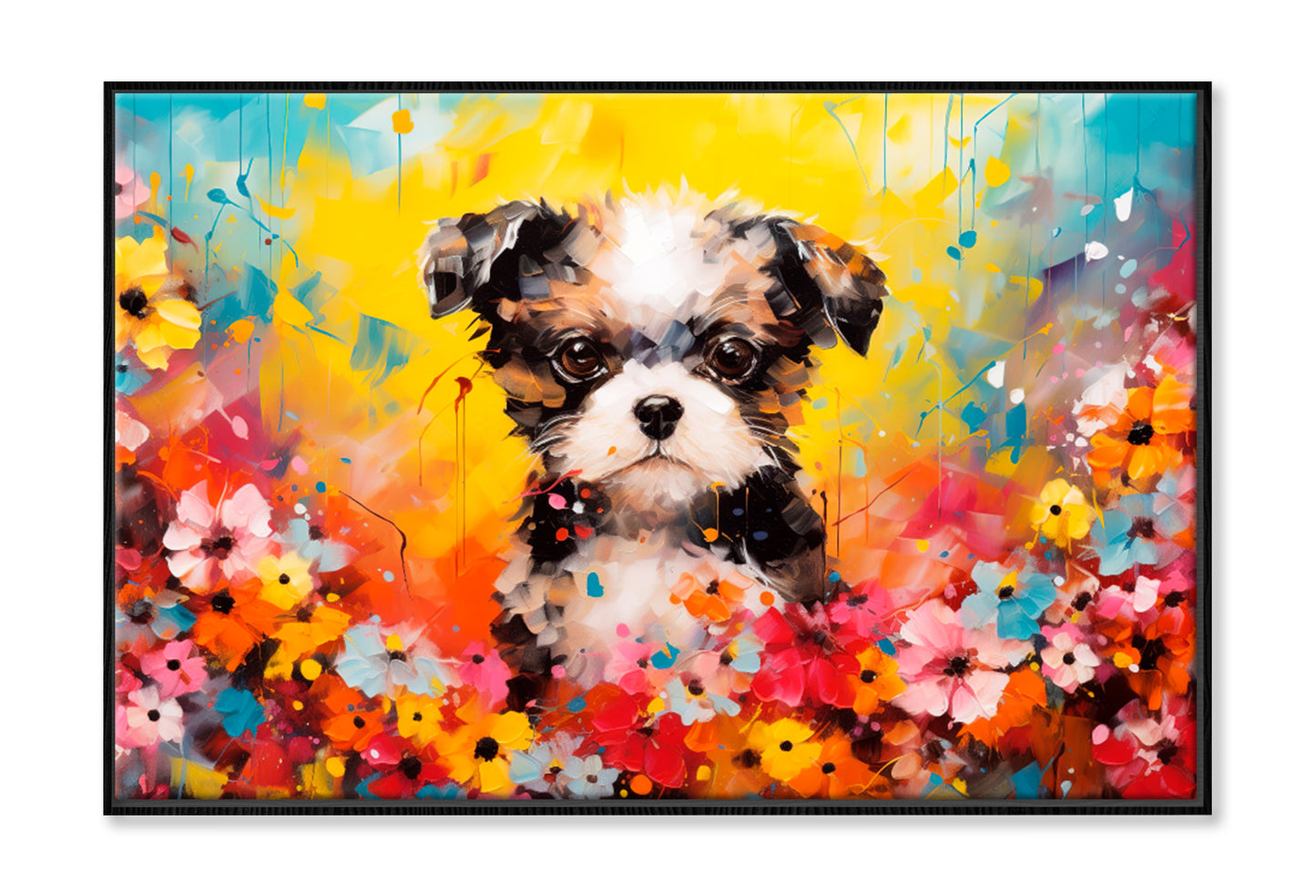 Dog In Flower Blossom Atmosphere Colorful Oil Painting Wall Art Limited Edition High Quality Print Canvas Box Framed Black