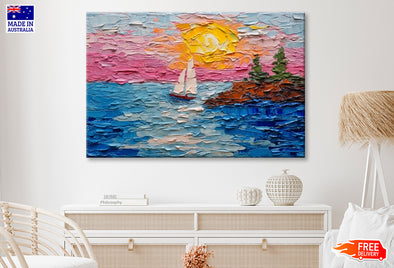 Boats on Sea & Colorful Sky Oil Painting Wall Art Limited Edition High Quality Print