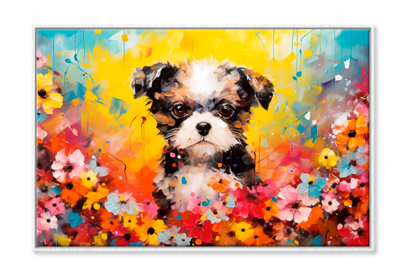 Dog In Flower Blossom Atmosphere Colorful Oil Painting Wall Art Limited Edition High Quality Print Canvas Box Framed White