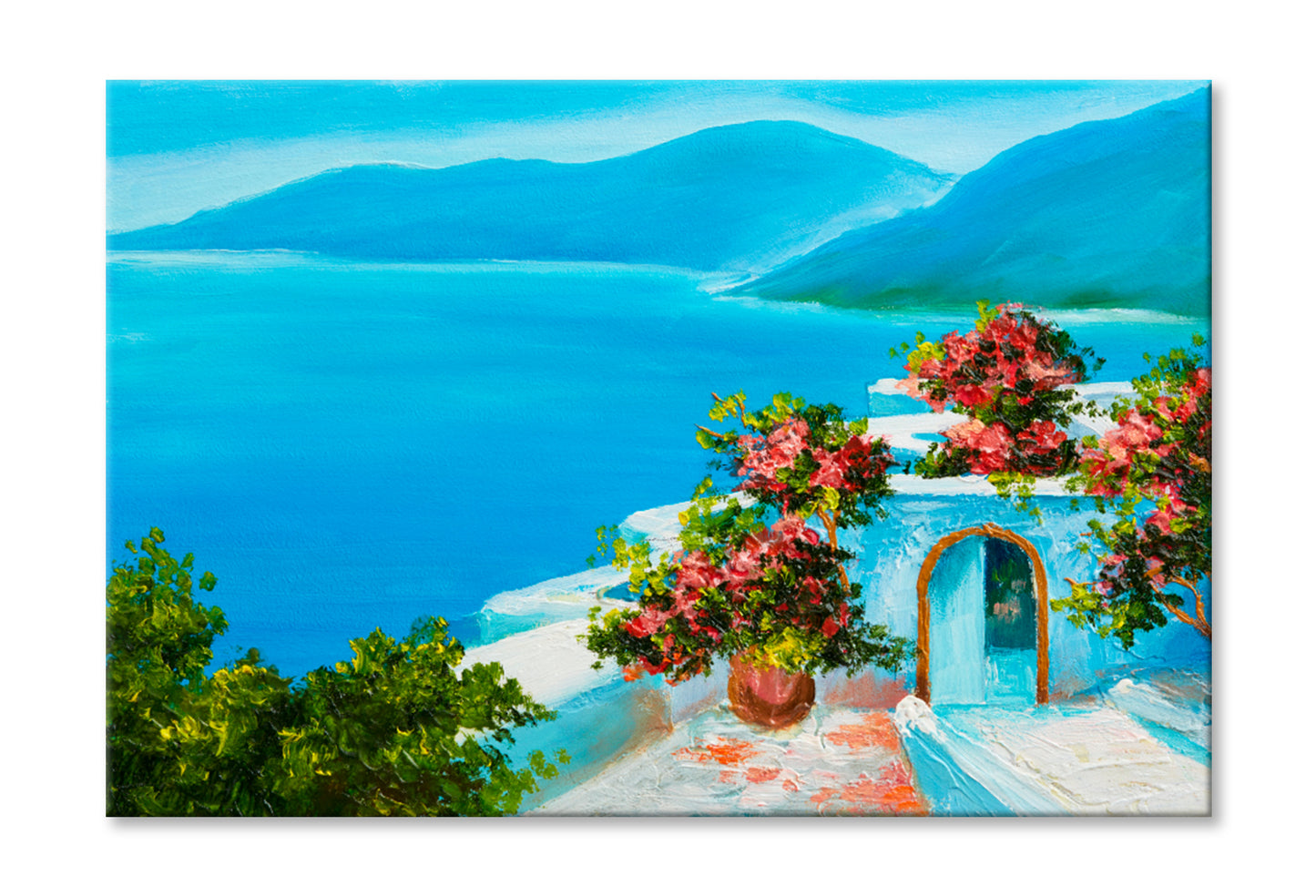 House Near The Sea, Flowers Oil Painting Limited Edition High Quality Print Stretched Canvas None