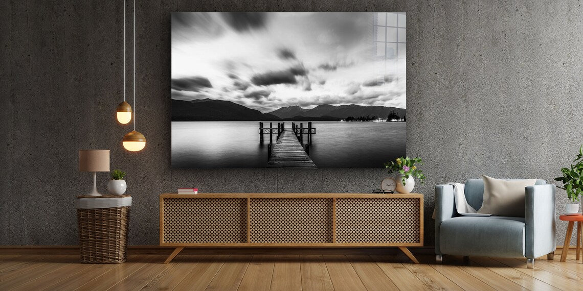 Lake Dock Clouds B&W UV Direct Aluminum Print Australian Made Quality