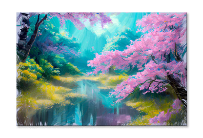 Lake & Spring Garden Painting Limited Edition High Quality Print Stretched Canvas None