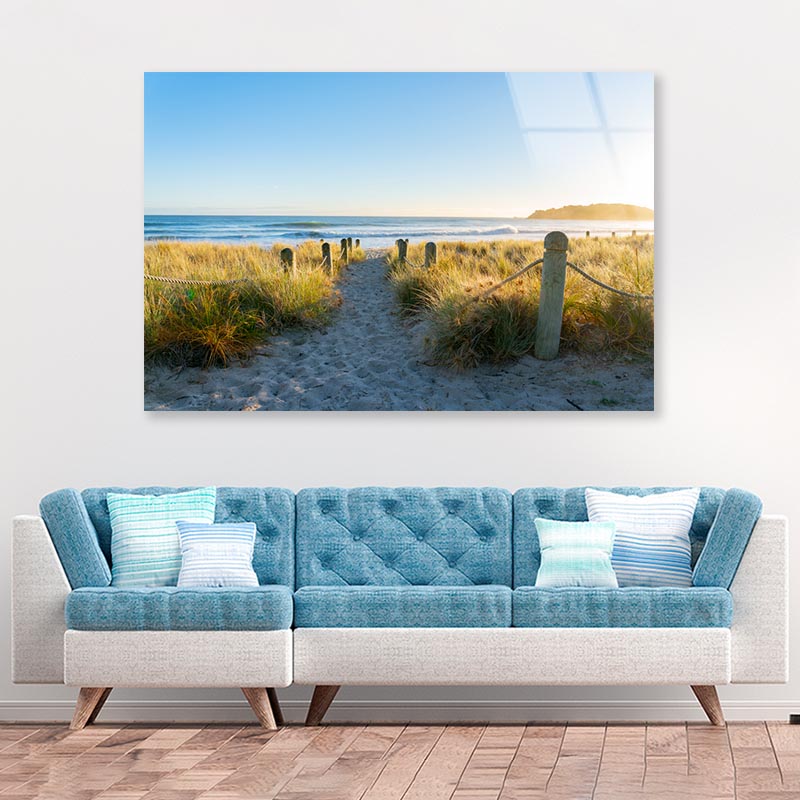 Bollards And Grassy Dunes Leading to Beach Acrylic Glass Print Tempered Glass Wall Art 100% Made in Australia Ready to Hang