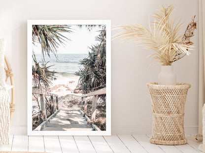 Wooden Pier & Trees near Rocky Beach Glass Framed Wall Art, Ready to Hang Quality Print Without White Border White