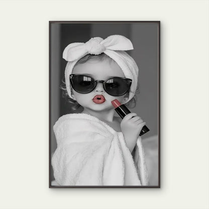 Black and White Kid with Red Lipstick and Towel Fashion Home Decor Premium Quality Poster Print Choose Your Sizes