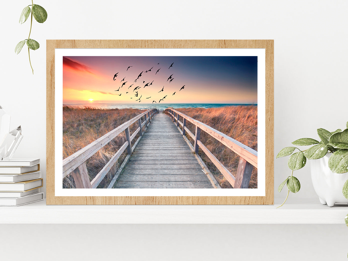 Sunset At Wooden Beach Way Glass Framed Wall Art, Ready to Hang Quality Print With White Border Oak