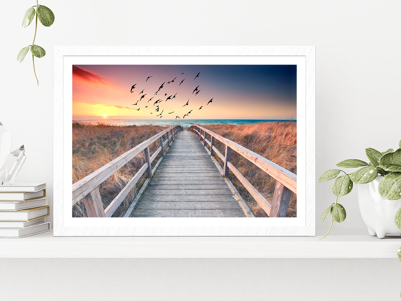 Sunset At Wooden Beach Way Glass Framed Wall Art, Ready to Hang Quality Print With White Border White