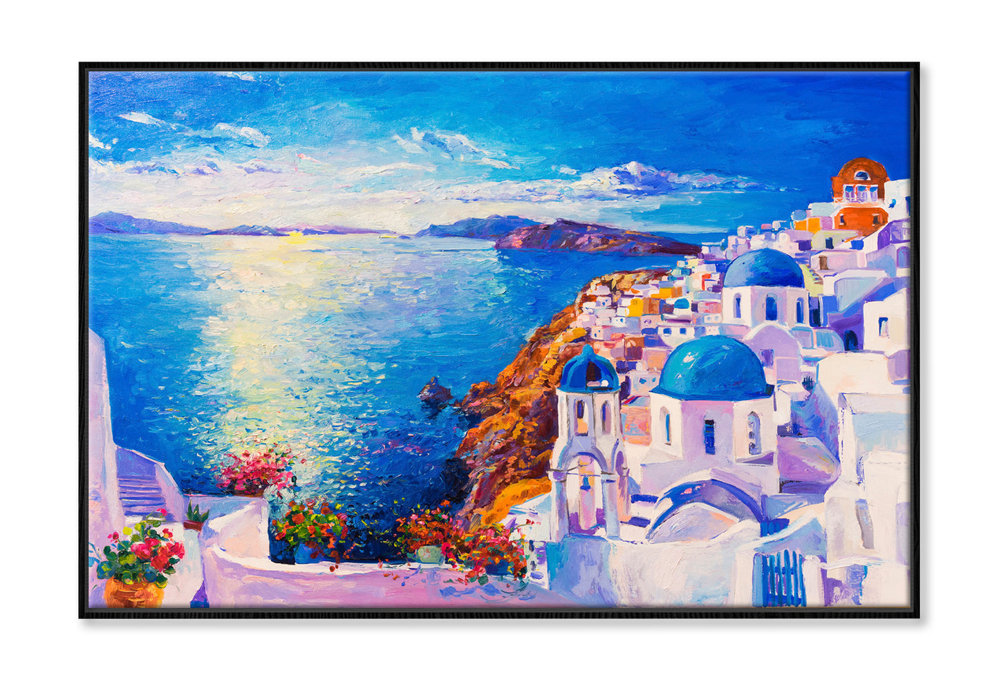 Blue Sea & Santorini White Houses Oil Painting Wall Art Limited Edition High Quality Print Canvas Box Framed Black