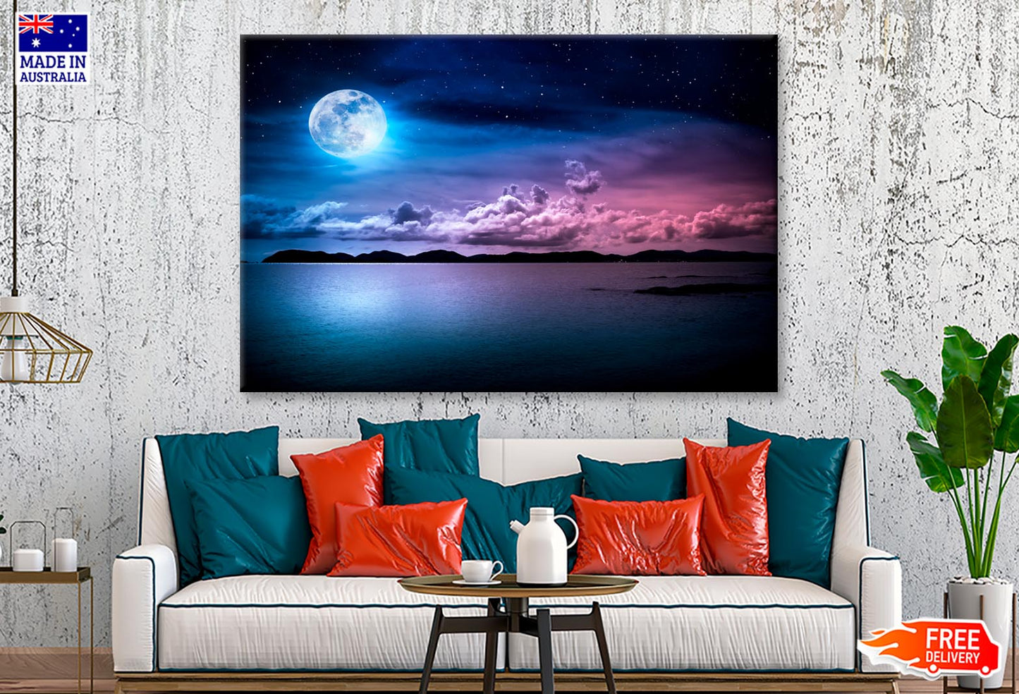 Landscape Of Sky with Full Moon on Seascape to Night Wall Art Decor 100% Australian Made