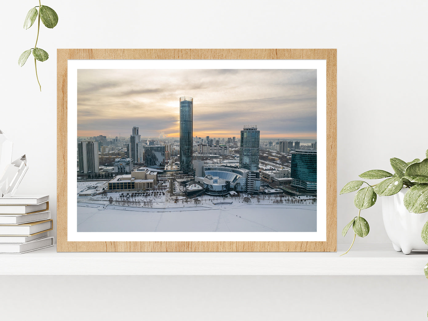 Yekaterinburg Cityscape In Winter Glass Framed Wall Art, Ready to Hang Quality Print With White Border Oak