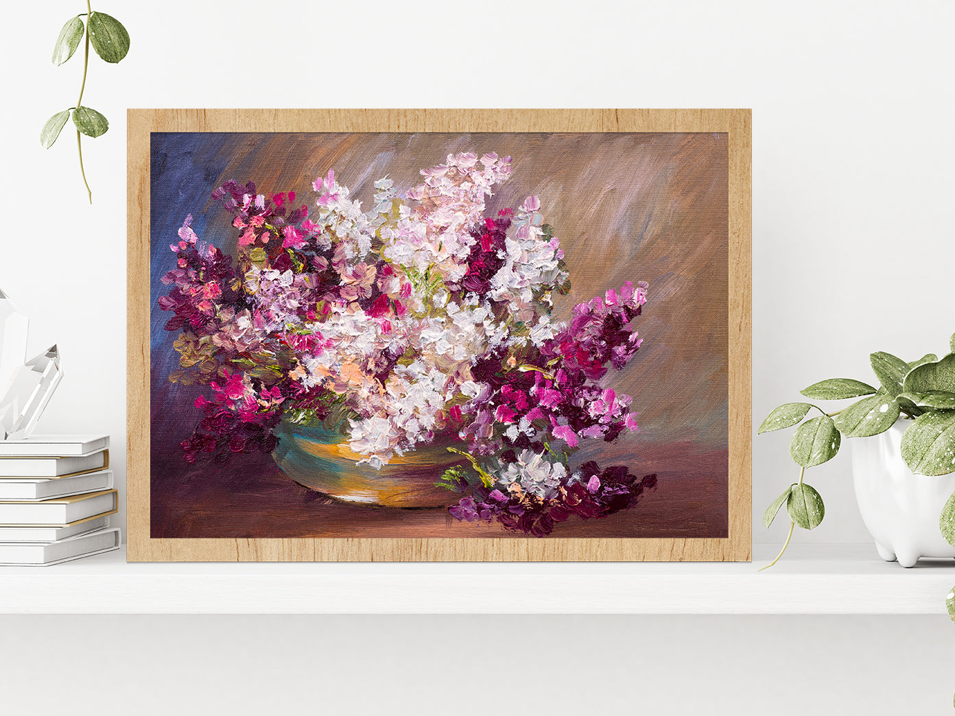 Bouquet Of Lilac Flower Vase, Colorful Still Life Glass Framed Wall Art, Ready to Hang Quality Print Without White Border Oak