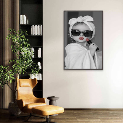 Black and White Kid with Red Lipstick and Towel Fashion Home Decor Premium Quality Poster Print Choose Your Sizes
