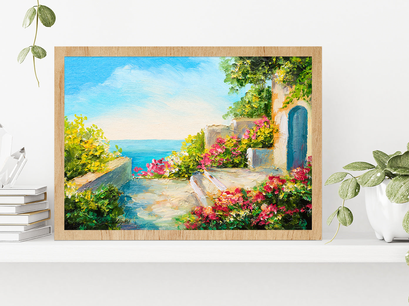 Colorful Flowers In House Garden & Near The Sea Glass Framed Wall Art, Ready to Hang Quality Print Without White Border Oak