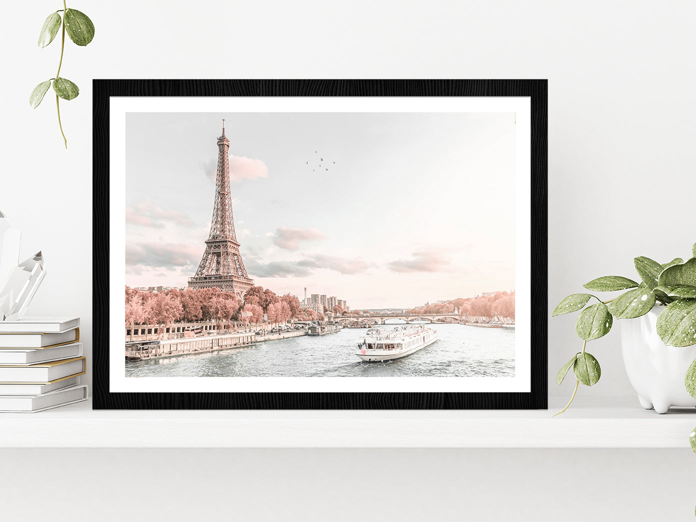 Eiffel Tower & Paris Lake View Faded Photograph Glass Framed Wall Art, Ready to Hang Quality Print With White Border Black