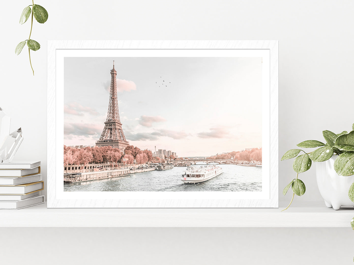 Eiffel Tower & Paris Lake View Faded Photograph Glass Framed Wall Art, Ready to Hang Quality Print With White Border White