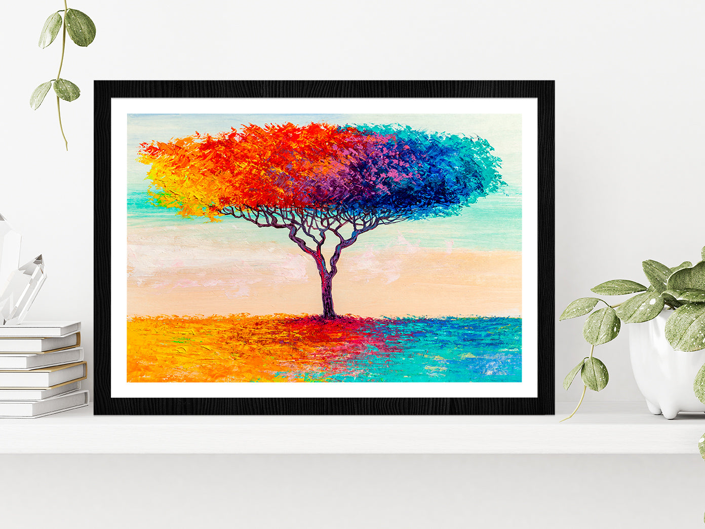 Blue, Red, Yellow Abstract Colorful Tree Glass Framed Wall Art, Ready to Hang Quality Print With White Border Black