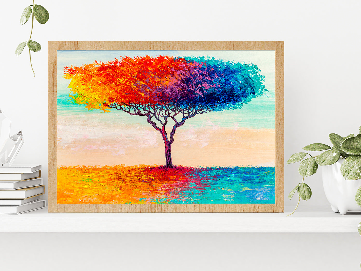 Blue, Red, Yellow Abstract Colorful Tree Glass Framed Wall Art, Ready to Hang Quality Print Without White Border Oak