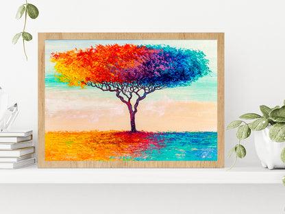 Blue, Red, Yellow Abstract Colorful Tree Glass Framed Wall Art, Ready to Hang Quality Print Without White Border Oak