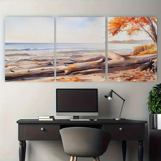3pcs Fall Trees Scene Ocean Waves Beach Metal Print Ready to Hang Art