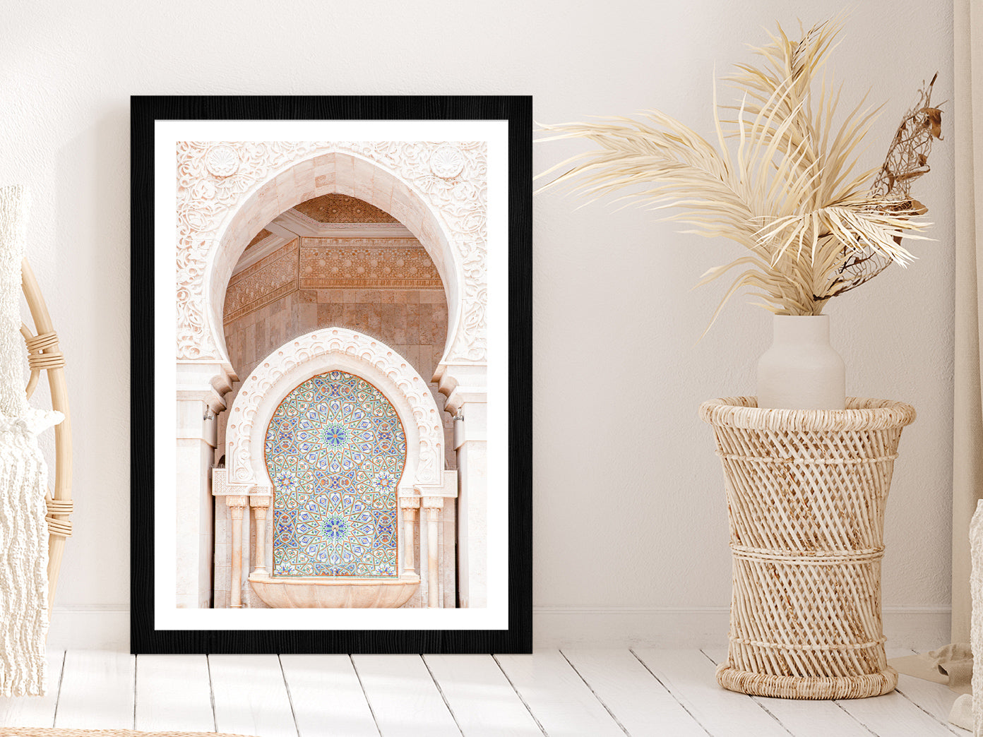 Mosque of Hassan Morocco Photograph Glass Framed Wall Art, Ready to Hang Quality Print With White Border Black