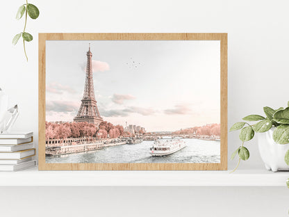 Eiffel Tower & Paris Lake View Faded Photograph Glass Framed Wall Art, Ready to Hang Quality Print Without White Border Oak