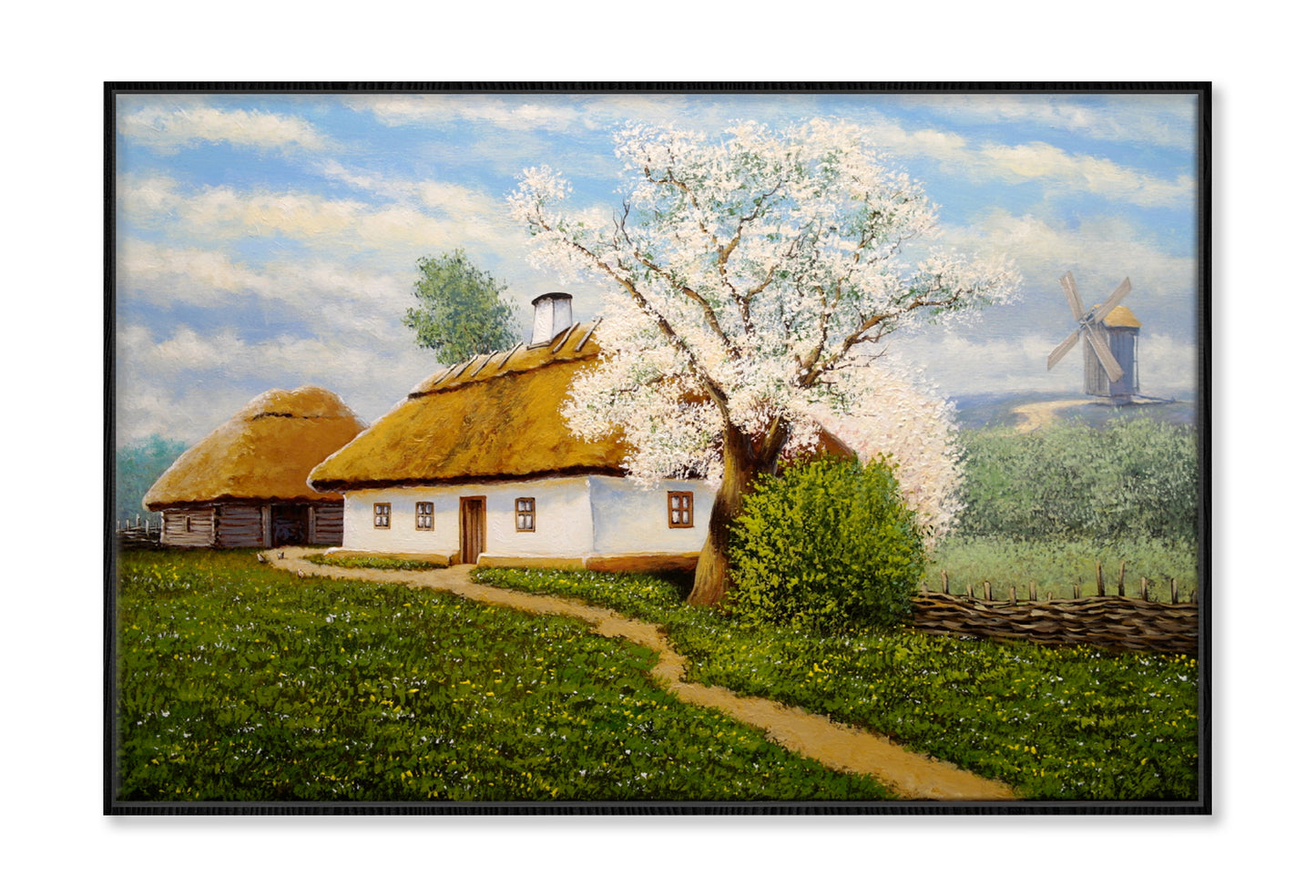 Spring Tree near Old Village Houses Oil Painting Wall Art Limited Edition High Quality Print Canvas Box Framed Black