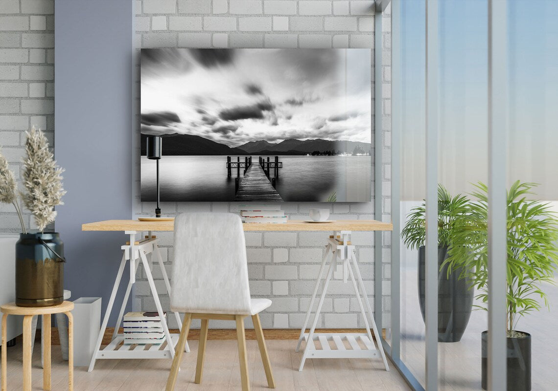 Lake Dock Clouds B&W UV Direct Aluminum Print Australian Made Quality