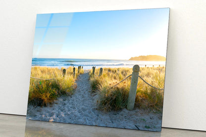 Bollards And Grassy Dunes Leading to Beach Acrylic Glass Print Tempered Glass Wall Art 100% Made in Australia Ready to Hang