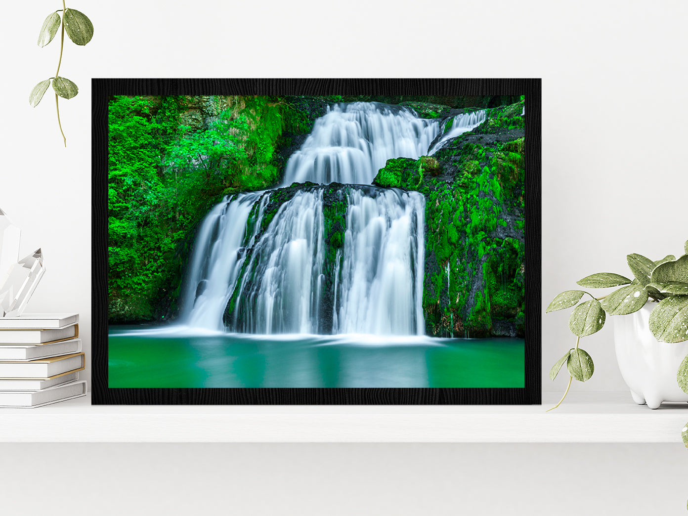 Waterfall With Green Pond Glass Framed Wall Art, Ready to Hang Quality Print Without White Border Black