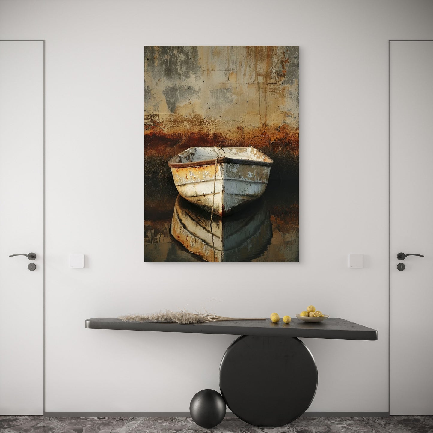 Rustic White Rowboat Reflection 60x90cm Metal Print Ready to Hang