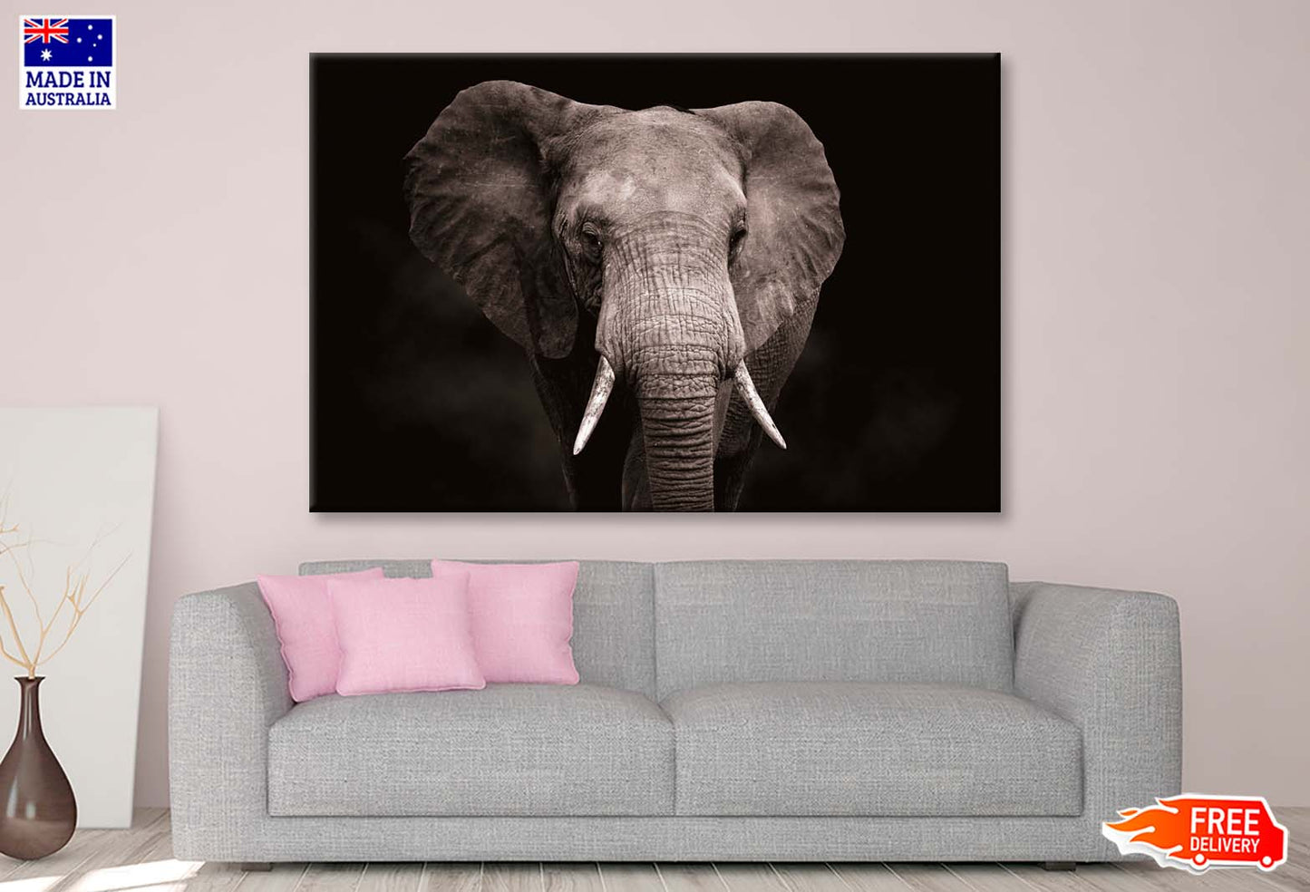 Elephant With Tusks Walking in Dark Wall Art Decor 100% Australian Made