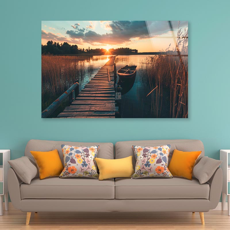 Boat On Lake & Forest View  Acrylic Glass Print Tempered Glass Wall Art 100% Made in Australia Ready to Hang