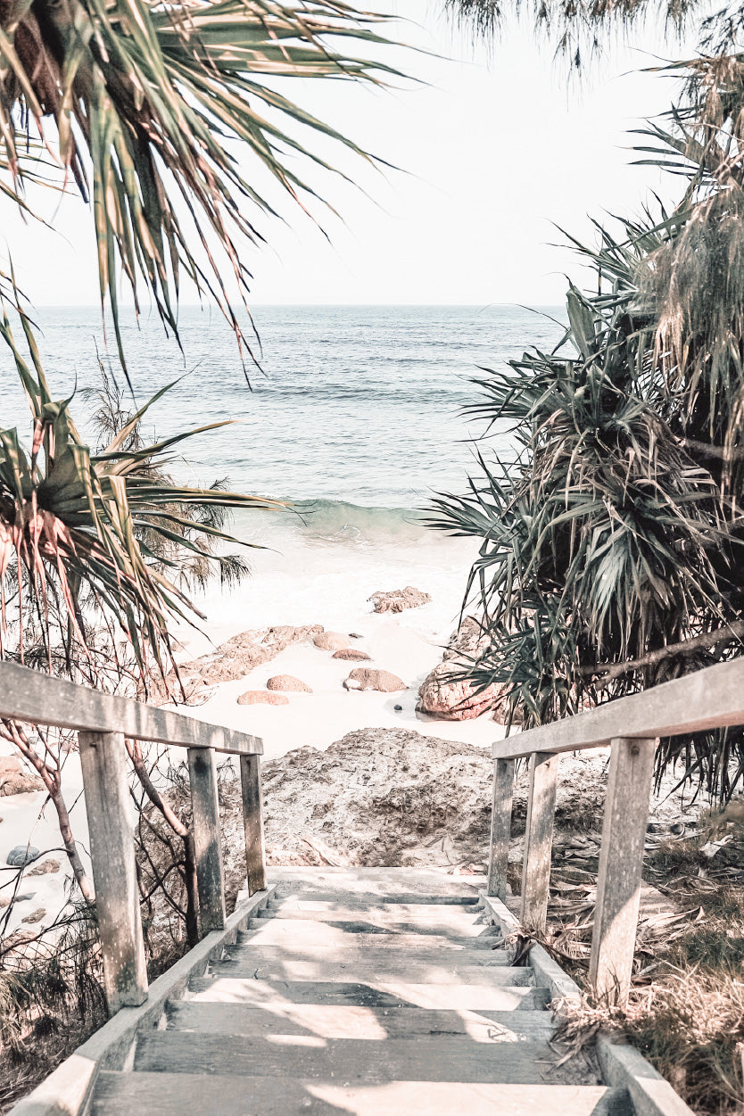 Wooden Pier & Trees near Rocky Beach Glass Framed Wall Art, Ready to Hang Quality Print