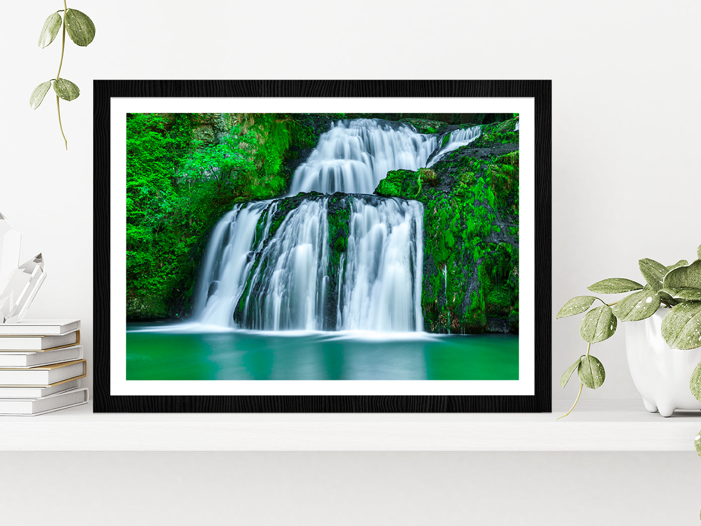 Waterfall With Green Pond Glass Framed Wall Art, Ready to Hang Quality Print With White Border Black