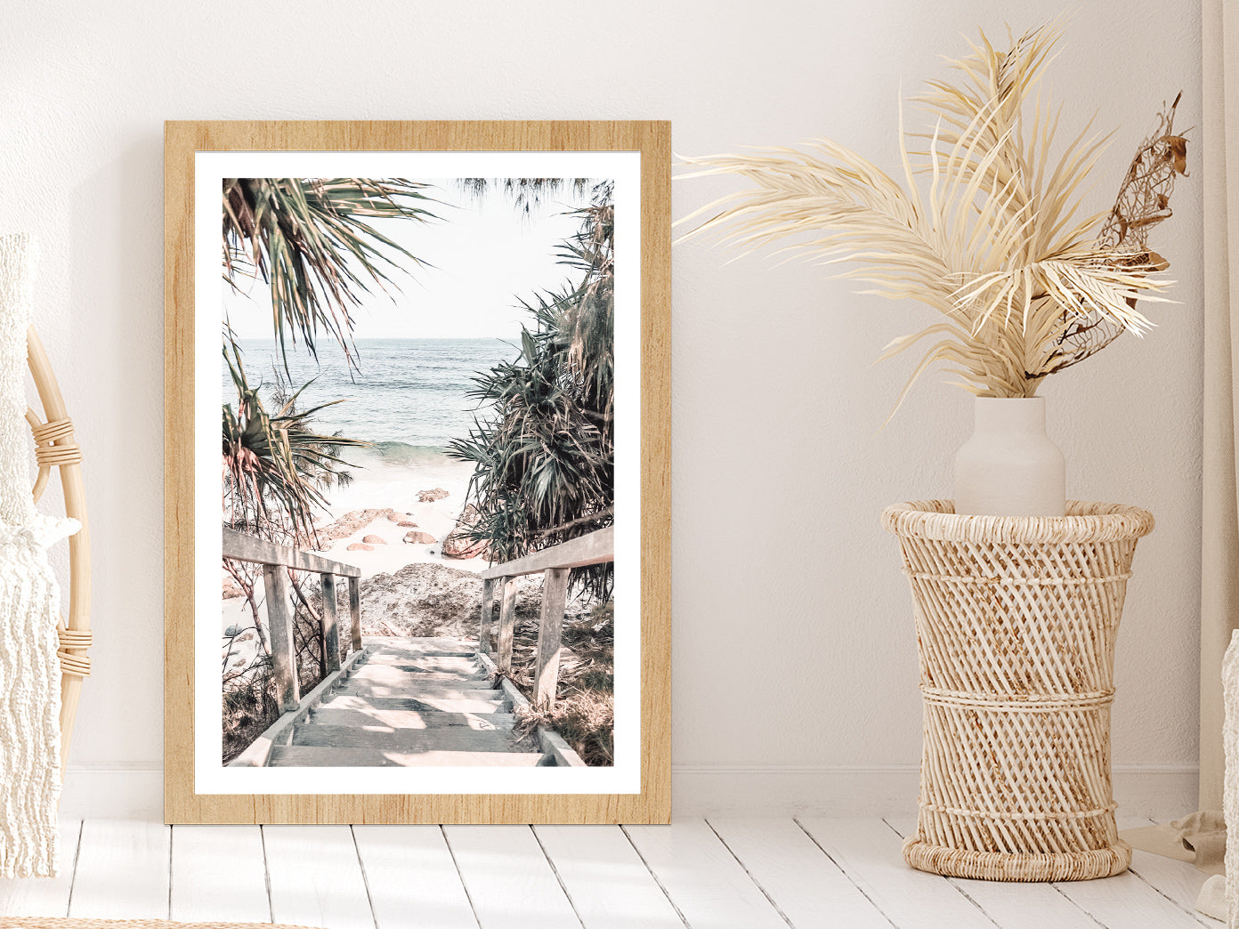 Wooden Pier & Trees near Rocky Beach Glass Framed Wall Art, Ready to Hang Quality Print With White Border Oak