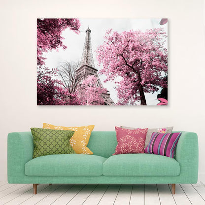 Pink Tree In Front of The Eiffel Tower Acrylic Glass Print Tempered Glass Wall Art 100% Made in Australia Ready to Hang