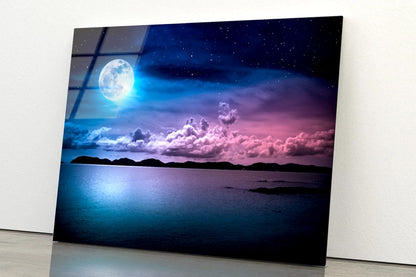 Landscape Of Sky with Full Moon on Seascape to Night Acrylic Glass Print Tempered Glass Wall Art 100% Made in Australia Ready to Hang