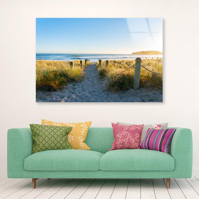 Bollards And Grassy Dunes Leading to Beach Acrylic Glass Print Tempered Glass Wall Art 100% Made in Australia Ready to Hang