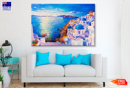 Blue Sea & Santorini White Houses Oil Painting Wall Art Limited Edition High Quality Print