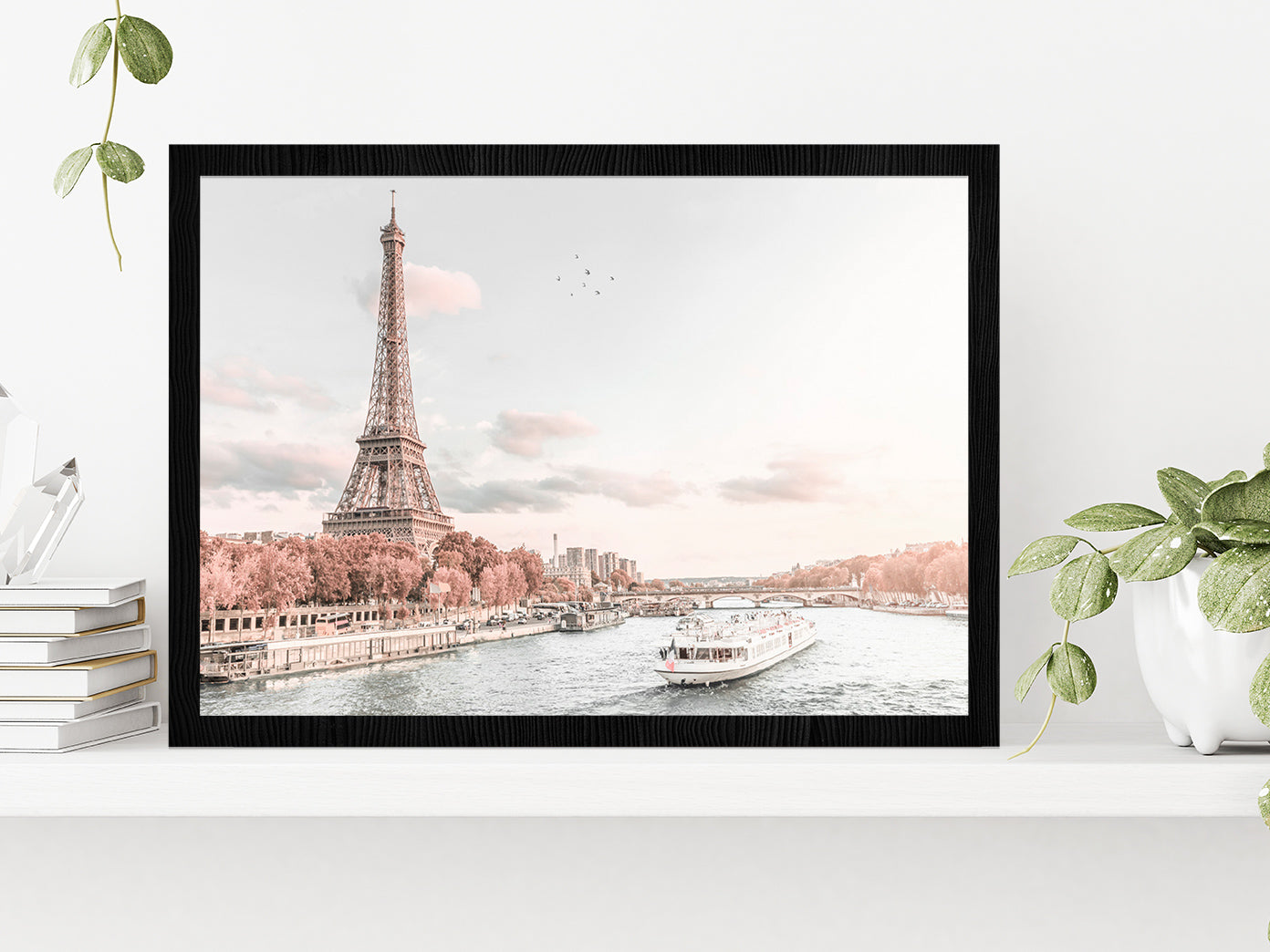 Eiffel Tower & Paris Lake View Faded Photograph Glass Framed Wall Art, Ready to Hang Quality Print Without White Border Black